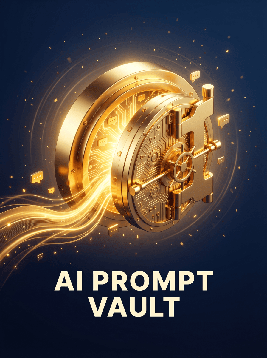 3D gold vault with AI prompt cards, AI Prompt Vault cover