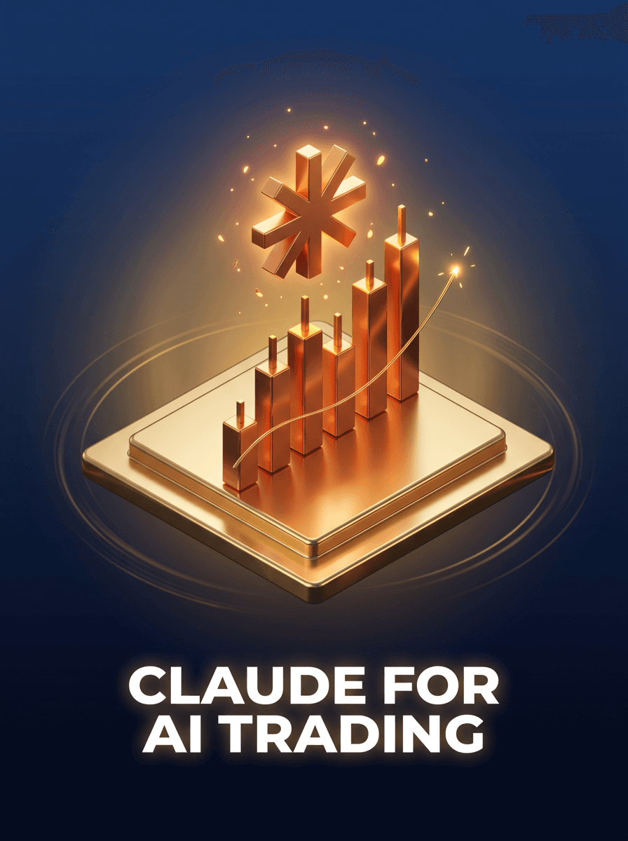 3D gold candlestick chart with floating AI-brain glyph, Claude for AI Trading cover