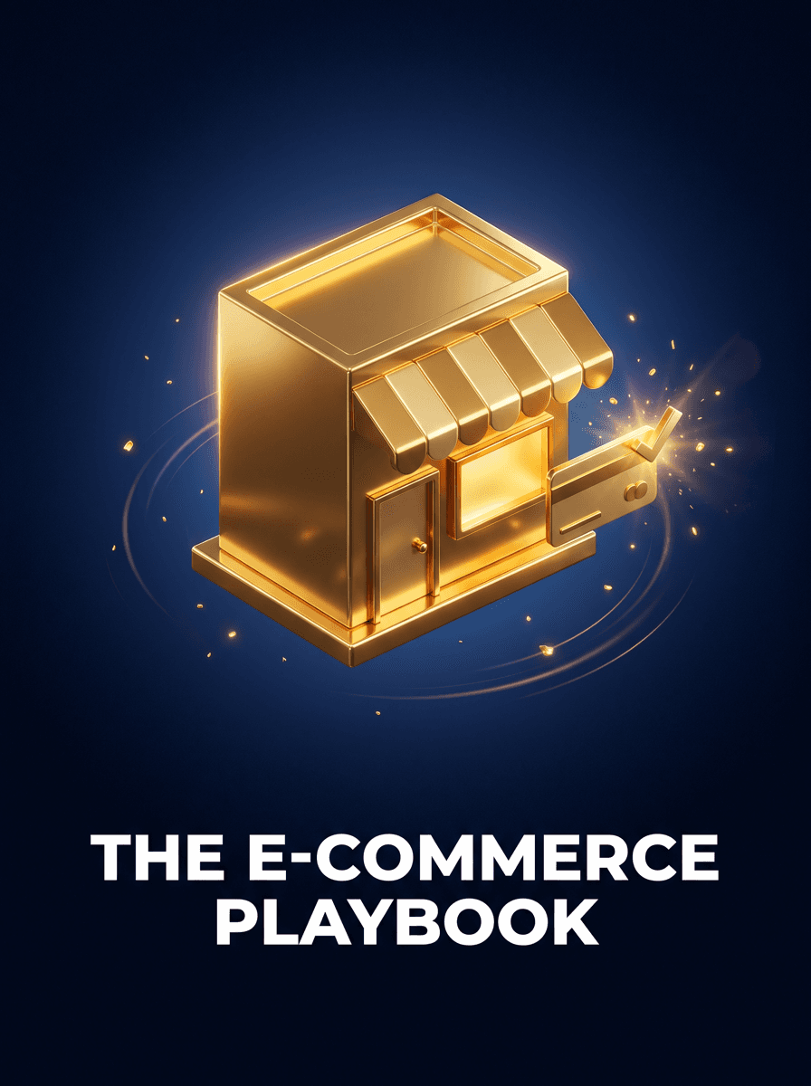 3D gold storefront with awning and credit-card icon, The E-Commerce Playbook cover