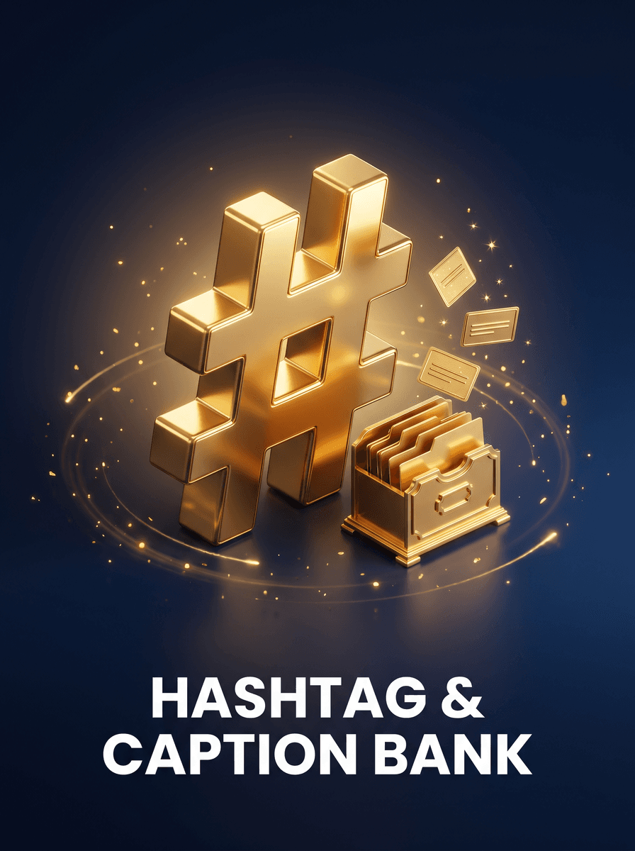 3D gold hashtag symbol with a bank of caption cards, Hashtag and Caption Bank cover